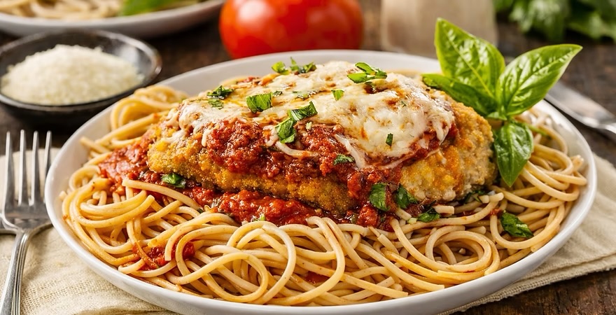 A breaded chicken cutlet under melted mozzarella and red gravy, served over a bowl of spaghetti with basil
