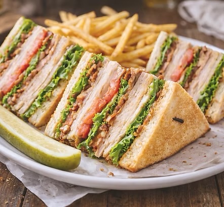 A club sandwich quartered on a white plate, turkey, bacon, lettuce and tomato, with fries and a pickle spear